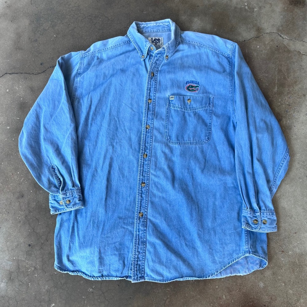 Lee Sport Denim Shirt Mens Large Blue Excellent Florida Gators Embroidered L/S